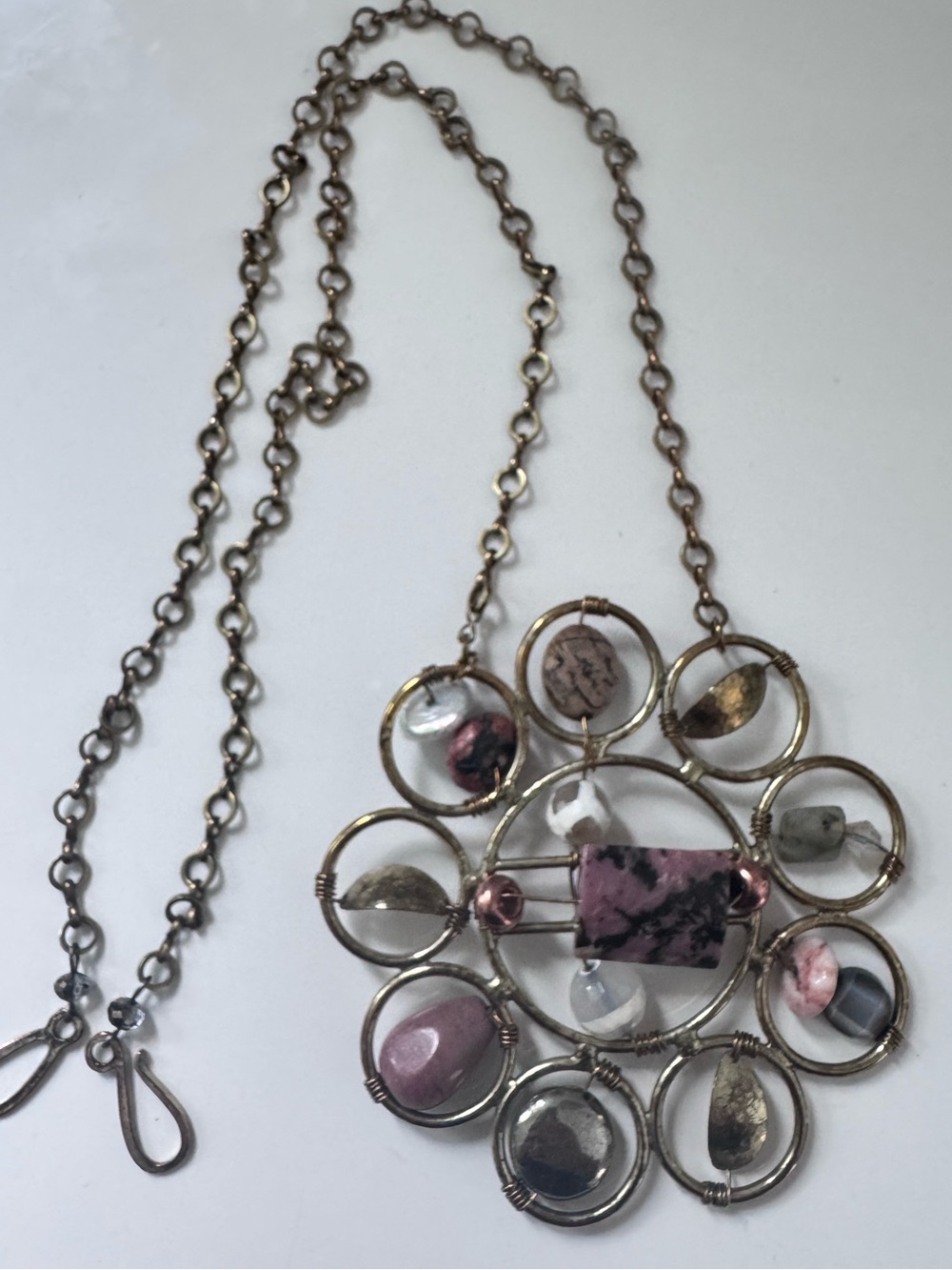 Vintage Modernist Necklace Pendant Brass Wire Floral Statement Gem stones Mixed